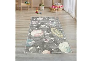 Teppich-Traum Alfombra Infantil Alfombra de Aprendizaje Espacial con Estrellas y Planetas en Gris Pastel Größe 80x150 cm