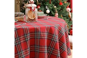 Softalker Christmas Table Cloth Round 150 cm Diameter Red Tartan Tablecloth Wipe Clean Large Table Cloths New Year Table Cover Festive Decoration for Outdoor Coffee Birthday Party Garden Tabletop