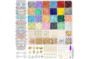 JOISHOP 4400pcs Clay Beads for Bracelet Making Kit, 24 Colors Flat Round Clay Beads Kit Heishi Clay Spacer Beads with Pendant Charms Letter Beads for Jewelry Making Necklace Earring DIY Craft