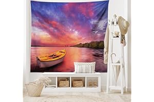 ABAKUHAUS Tramonto Arazzo, Costa del Mare con Una Barca a Remi, Tessuto Parete Appeso Decorazione per Camera da Letto, Soggiorno, dormitorio, 230 x 140 cm, Rosa e Viola