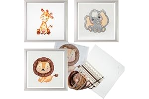 Trimits 3PK Cross Stitch Bundle – Counted Embroidery Kit, Beginner & All Level Starter Set, Complete with Instructions & Thread Children Wall Home DIY Décor – 13x13cm – Giraffe, Elephant, Lion