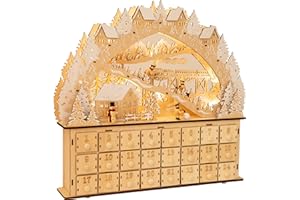 Small Foot 11789 Calendario de Adviento Diversión en Las Pistas de esquí de Madera con 24 cajones, pirámide navideña con iluminación LED, decoración navideña