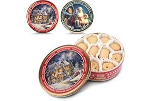 SWEET BUDDIES Weihnachtskeksdose mit Butter Keksen 340g – Keksdose für Plätzchen, rot oder grün, Design nach Zufall: Winterhaus oder Weihnachtsmann – Nostalgische Dose für Keks