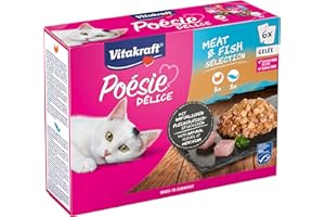 VITAKRAFT - Pokarm dla kotów "Poezja" - Pełna mokra karma dla kotów - z galaretkowym mięsem i rybami (indyk, łososie) - 6 saszetek po 85 g