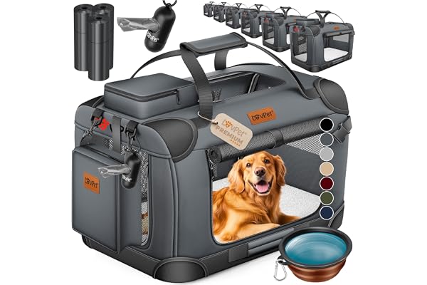 Lovpet® Boîte de transport pliable pour chien avec gamelle, XL, 81,3 x 58,4 x 58,4 cm - Sac de transport pour animaux de compagnie, chiens et chats - Avec sacs à déjections canines - Anthracite