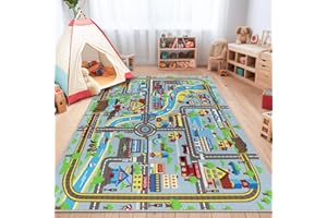 Capslpad Tappeto da gioco per bambini, 150 x 200 cm, antiscivolo, con vita in città, lavabile, tappetino da gioco a pelo corto, traffico, strada, apprendimento, area educativa, per camera dei bambini