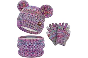 ZASFOU Bambini Cappello Invernale Sciarpa Guanti Touch Screen Set 2 3 4 5 6 7 Anni Berretto Cappelli in Maglia con Pompon Scaldacollo Guanto Regali per Ragazze Ragazzo