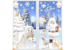 AhfuLife 9 Feuilles NoëL Autocollants Fenetre Réutilisables, 190PCS Stickers Fenetre Noël PVC avec 3D Bonhomme de Neige Mignon et Père Noël pour DIY Décor Fenêtre, Vitrines, Façades en Verre