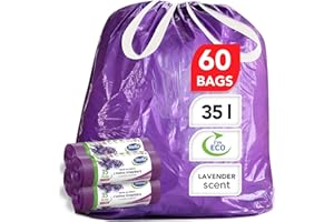 Stella Pack Sacs Poubelle Solides 35l Grande Capacité Ultra Résistants Écologiques Parfum Lavande Fermeture Cordon Recyclables Flexibles Couleur Violette Usage Cuisine et Bureau