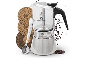 LION HOME SMARTEN UP YOUR LIFE Lion Home Cafetière à expresso en acier inoxydable et verre – Cafetière à induction et autres feux – pour env. 6 tasses (240 ml)