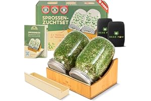 BEAR PAW® Sprossenglas 2er Set - 1000ml Keimglas für Sprossen Keimlinge - (inkl. Bambushalterung, Abdunklungshüllen, Gratis Videokurs, Sprossenbuch) - Sprossenglas Keimglas Set - Sprossen Keimgerät