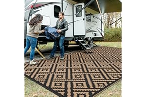 GENIMO Outdoor Rug for Patio Clearance, 9'x18' Waterproof Camping Mat, Reversible Plastic Straw Rugs for RV, Camper, Balcony, Backyard, Picnic, Deck (Black & Brown)