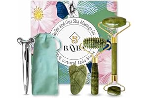 BAYBA Rodillo jade autentico que incluye piedra gua sha y rodillos dentado y 3D. Masajeador facial natural antiarrugas para el cuidado de la cara. Roller de masaje para contorno de ojos rejuvenecedor.