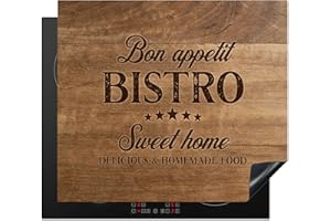 KitchenYeah© Protege Plaque Induction 59x52 cm Deco Cuisine Accessoires Pratique Protection De Vitroceramique Citation - Bistro - Bon appétit - Sweet home - Texture du bois - 59x52 cm