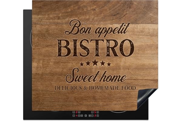KitchenYeah© Protege Plaque Induction 59x52 cm Deco Cuisine Accessoires Pratique Protection De Vitroceramique Citation - Bistro - Bon appétit - Sweet home - Texture du bois - 59x52 cm
