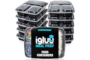 Igluu Meal Prep - Recipientes de 3 Compartimentos para comida de Plástico Sin BPA con Tapas Herméticas - Apilables y Reutilizables - Aptos para Microondas, Congelador y Lavavajillas - Set de 10