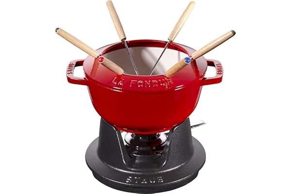 STAUB Service à Fondue en Fonte, avec 6 Fourchettes à Fondue, pour Fondue Savoyarde, Bourguignonne et au Chocolat, Ø 18 cm, Cerise