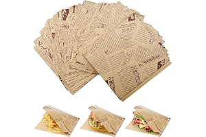 GXFCING 200 Stück Burger Papier Zeitungsoptik 18 x 18 cm Burger Tüten Sandwich Tüten Snacktaschen Deli Papierblätter Wrap Papier für Korb Snack Sandwich Burger Pommes Frites (Braun)