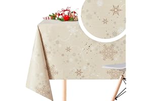 KP HOME Wipe Clean Tablecloth Rectangular 98.4x55.1 In (250x140cm) Beige Waterproof Christmas Plastic Table Cloth With Gold & White Snowflakes - Wipeable PVC Large 8 Seat Oilcloth Table Cover for Xmas