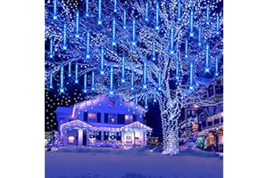 KWAIFFEO Décoration de Noël en plein air, 20 tubes (équivalent à 2 jeux de 10 tubes) Lumières de fées de pluie de météorites imperméables pour patio d'arbre d'Halloween de Noël Bleu