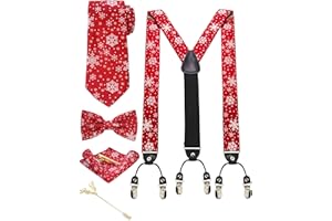 JEMYGINS Bretelle Uomo Natale Regolabili a Forma di Y da 3,5 cm e larghe con 6 Fermagli Robusti in Seta con Cravatta e Papillon Insieme Scatola Inclusa