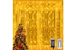 Ollny Christmas Curtain Lights Indoor, 300LED 3mx3m Waterfall Hanging Plug in Fairy String Lights, 8 Modes/Remote/Timer Waterproof Window Light for Bedroom/Wall/Outdoor/Wedding/Party,Warm White
