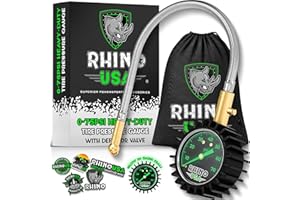 Robuster Reifendruckprüfer von Rhino USA (0-75 PSI) - ANSI B40.1 Geeicht – Große 5 cm Leuchtskala – Hochwertiger Schlauch mit Textilgeflecht - Messingbeschläge - Luftdruckprüfer für Jedes Fahrzeug