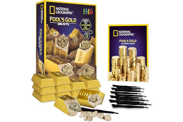National Geographic Fool’s Gold Dig Kit – 12 Gold Bar Dig Bricks with 2-3 Pyrite Specimens Inside, Party Activity with 12 Excavation Tool Sets, Great STEM Toy for Boys and Girls Or Fun Party Favors