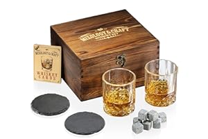 Mixology & Craft Whisky Gläser Geschenkset - 2 Whiskey Gläser, 8 Whisky Steine, 2 Schieferuntersetzer & Rezeptkarten in Deko Geschenkbox - Bar Zubehör