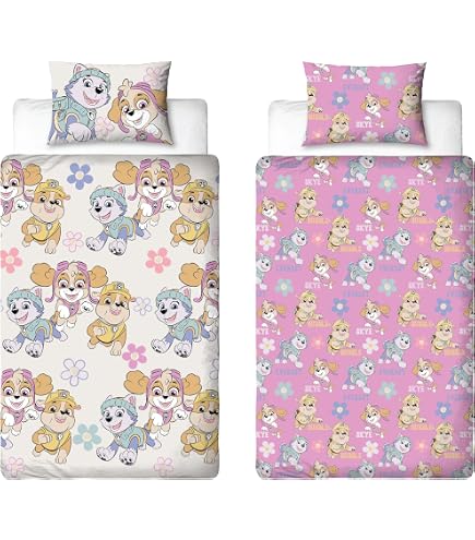 Parure Letto Aymax 3 Pezzi Paw Patrol Rosa, Copripiumino 140x200 Cm, Federa 63x63 Cm, Lenzuolo 90x190 Cm Con Stella Ed Everest