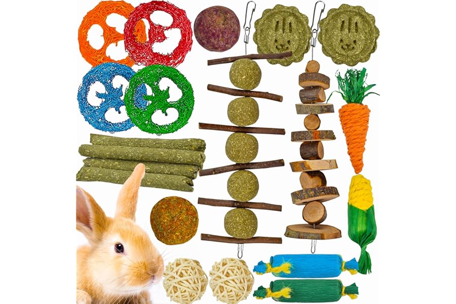 Ousiya 21-Pack Rabbit Toys Set, Natural Rabbit Chew Toys Boredom Breakers for Bunny, Hamster, Guinea Pig and Chinchilla, Apple Wood Timothy Hay Sticks Treating for Rabbit and Small Animals Teething