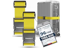 Travely® Lot de 2 sangles de valise de qualité supérieure, particulièrement attrayante et sûre, avec 2 étiquettes à bagage, sangle de bagage idéale en croix, jaune