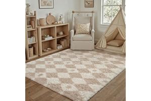 HUGEAR Tapis Salon Shaggy Damier Tapis Chambre Adulte Fille Doux Moelleux Descente de lit AntidéRapant Moderne Grand Tapis Beige Blanc 120×180cm Decoration Chambrel Motif Geometrique