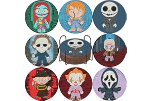 BEAYIOU 8Pcs Diamond Painting Coasters with Holder, DIY Halloween Life Coaster Diamond Art Kits for Adults Kids, Beginners Round Full Drill Acrylic Coasters