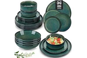 vancasso Crockery Set, Starry 24 Piece Dinner Plates Set of 6, Include Ceramic Dinner Plates, Dessert Plates, Pasta Bowls and Cereal Bowl,Dishwasher and Microwave Safe, Vintage Green