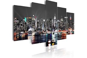 CUADROS B&D XXL murando Impression sur toile intissee 100x50 cm 5 parties tableau tableaux decoration murale photo image artistique photographie graphique ville New York Paysages NYC nuit d-A-0022-b-n