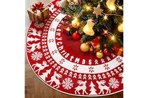 Charmofun Weihnachtsbaum Rock 122cm, Große Weihnachtsbaum Decke Gestrickte, Weihnachtsbaum Deko Rund Elch Schneeflocken für Hausparty Neues Jahr Dekoration, Tannenbaum Teppich, Rot