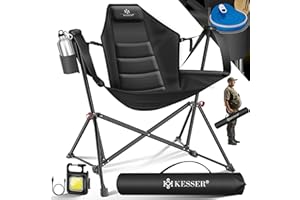 KESSER® Campingstuhl faltbar Schaukelstuhl bis 160 kg | Angelstuhl Faltstuhl Klappstuhl Gepolstert mit hoher Rückenlehne | Inkl. Campinglicht & Getränkehalter | Strandstuhl mit Wippfunktion, Schwarz