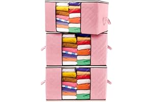 Stackzy Large Clothes Storage Bags – Sturdy Fabric Closet Organiser – Foldable Storage Solution for Closet or Underbed – Storage Bin with Reinforced Handles – 3pcs, Pink 90L Capacity