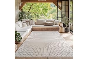 ‎HOMEBYHOME HomebyHome Teppich Wohnzimmer, Schlafzimmer, Wintergarten, Kurzflor Creme, Hoch-Tief-Effekt, weich & waschbar, Outdoor geeignet, pflegeleicht, 140x200 cm