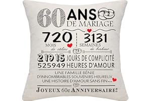 BOMMEX Cadeau 60 Ans de Mariage 60e Anniversaire de Mariage Housse de Coussin Souvenir Décoration Cadeau pour Couples Parents Femmes Hommes Maman Papa Épouse Grand-mère Grand-père Amis(60e Anniversaire)