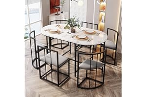 Gegtuon Dining Table 7-Piece for 6 People, 140 x 80 x 76 cm, Round Dining Table with 6 Chairs and Table, Modern Kitchen Table, Metal Frame with Backrest, Dining Set for Dining Room, Living Room