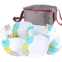 Melamin Geschirr Set 4 Personen - eckig - weiß blau grün Punkte - Essgeschirr Campinggeschirr - Picknick ideal für…
