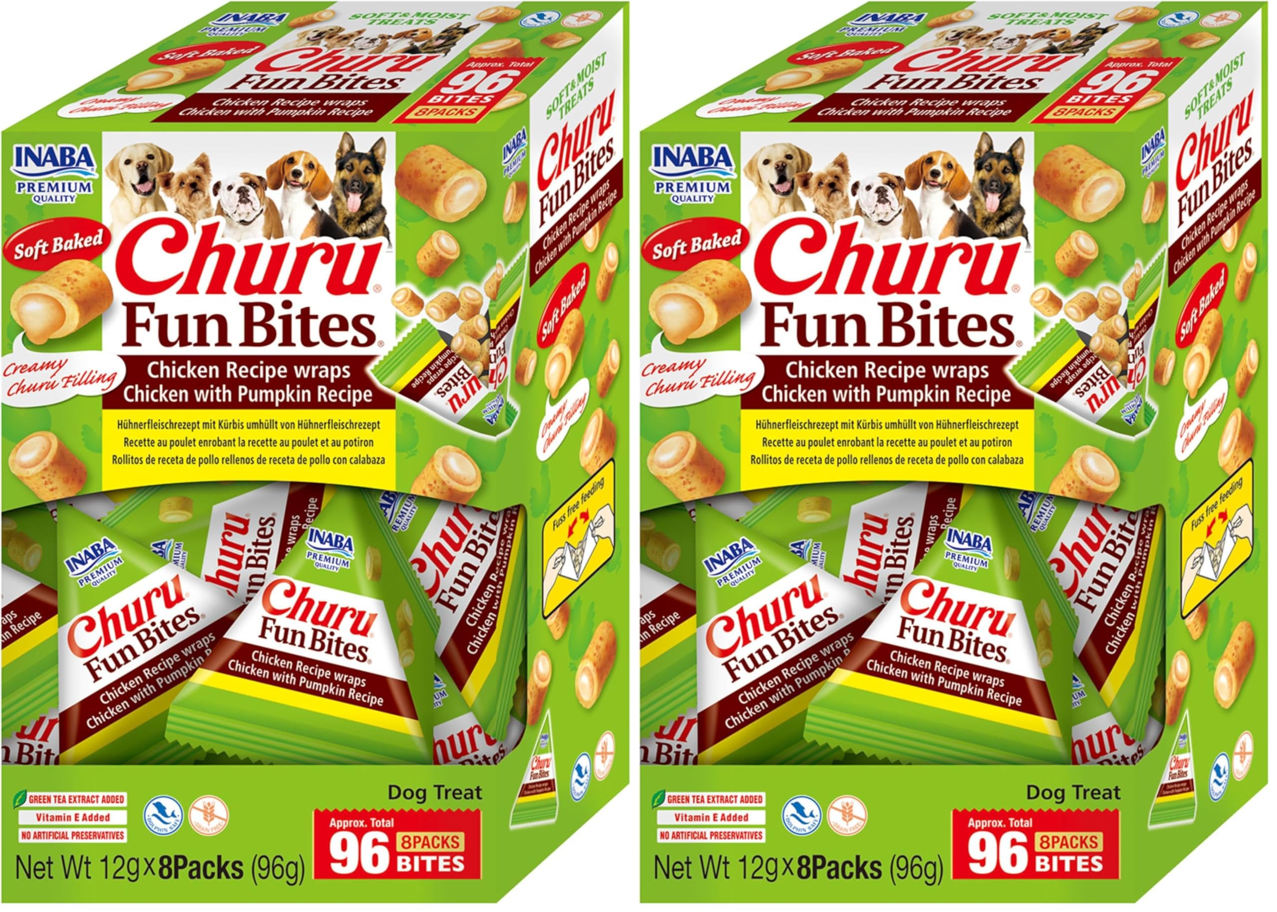 INABA Churu Fun Bites- Deliciosa Comida con Relleno Húmedo para Perros con Pollo, Calabaza y atún - Rica en nutrientes para Perros, 96 Gramos (12g x 8) (Paquete de 2)