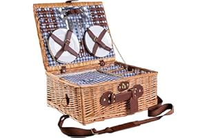 ‎EGENUSS eGenuss Picknickkorb 4 Personen Blau mit Kühlfach & Schultergurt – Picknick Set Naturweide inkl. Teller Gläser Besteck – Picknicktasche 4 Personen Geschenk