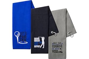 A1DIEE Serviette de golf en microfibre absorbante - Lot de 3 serviettes de golf pour homme, motif brodé noir avec clip mousqueton pour accrocher au sac de golf, idéal pour père ou mari