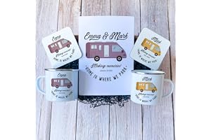 Pomchick - Campervan Enamel Camp Mug Set with Enamel Mug Coaster and Card Personalised Motorhome Gift His Hers Accessories Ca