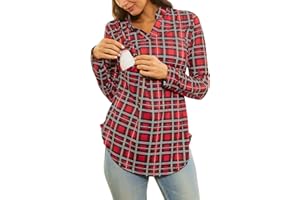 Achinel Women's Maternity Nursing Tops Plaid Pregnancy Long Roll Sleeve Blouse Checked Breastfeeding Pullover T Shirt Top