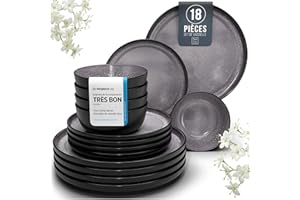 PURE LIVING INTERIOR DESIGN Service de Vaisselle en Grès Ibiza 18 pièces: Service de Table pour 6 Personnes, Adapté au Lave-Vaisselle et au Micro-Ondes, Pure Living gris foncé, Assiettes Service de Table, Vaisselle
