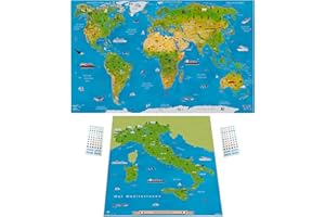 WIDETA Mappa del mondo illustrata in italiano/Poster XXL (82 x 44 cm), Carta solida plastificata (grammatura 300g/m²) / Bonus grande mappa dell'Italia y adesivi